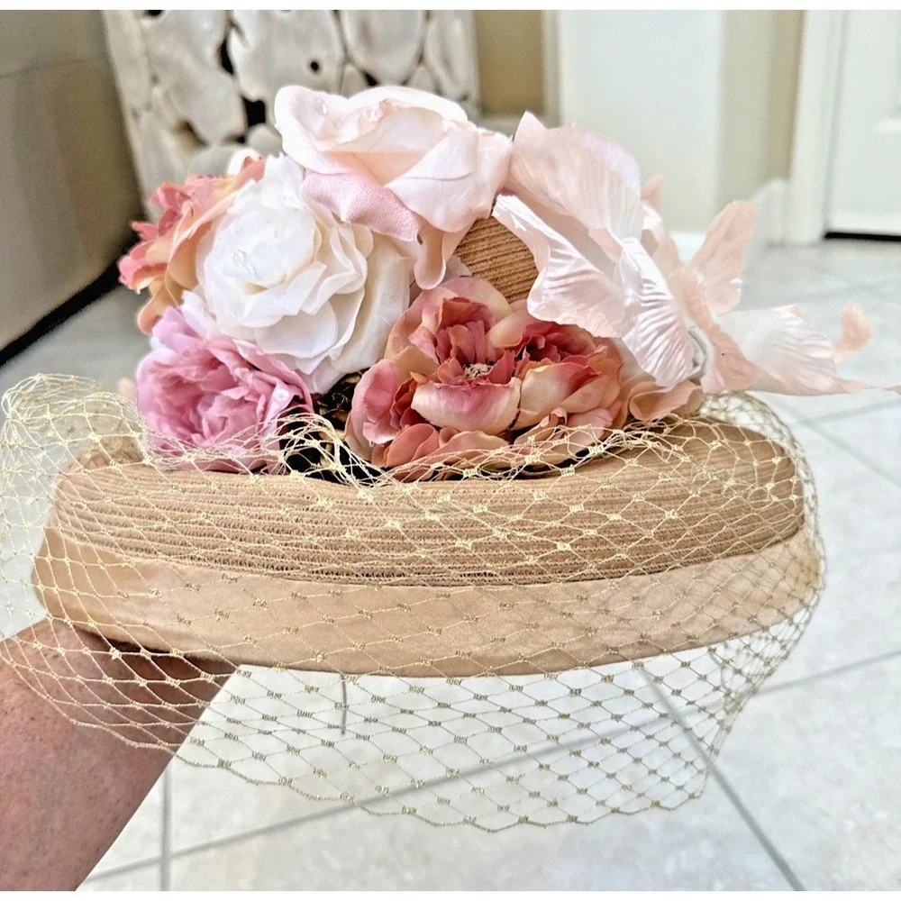 Vintage Whittall & Shon Embellish Wide Brim Netting Floral USA Hat Church Party
